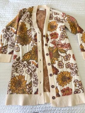 Floral Knit Long Cardigan in Cream with Mustard & Rust